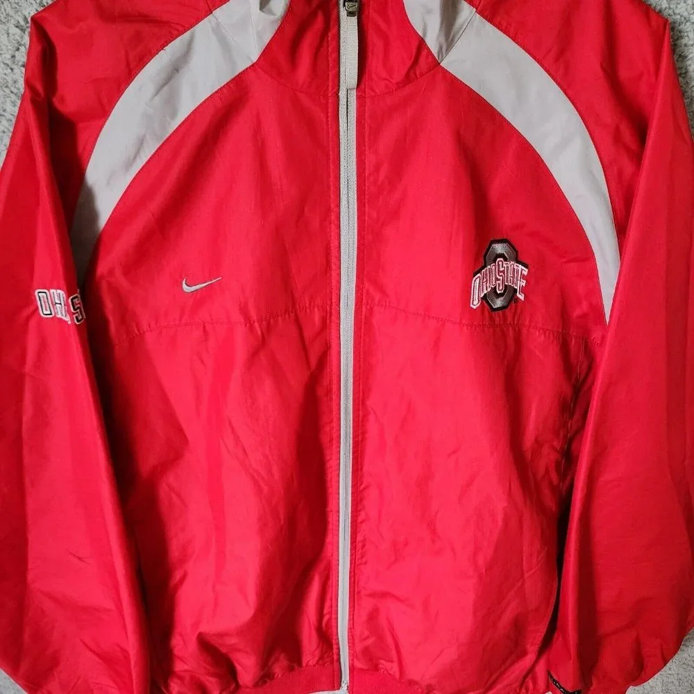 Nike Team Ohio‎ State Buckeyes Red Full Zip Windbreaker Jacket Size L Polyester